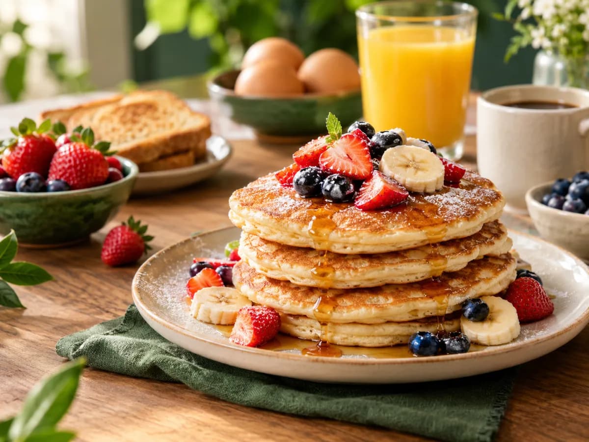 Fluffy pancakes topped with fresh strawberries, blueberries, banana slices and maple syrup