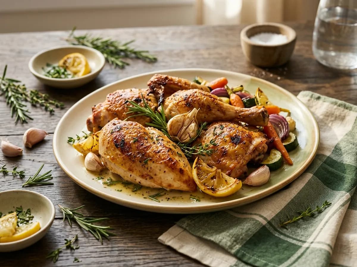 Roasted chicken pieces with lemon, garlic, rosemary and roasted vegetables