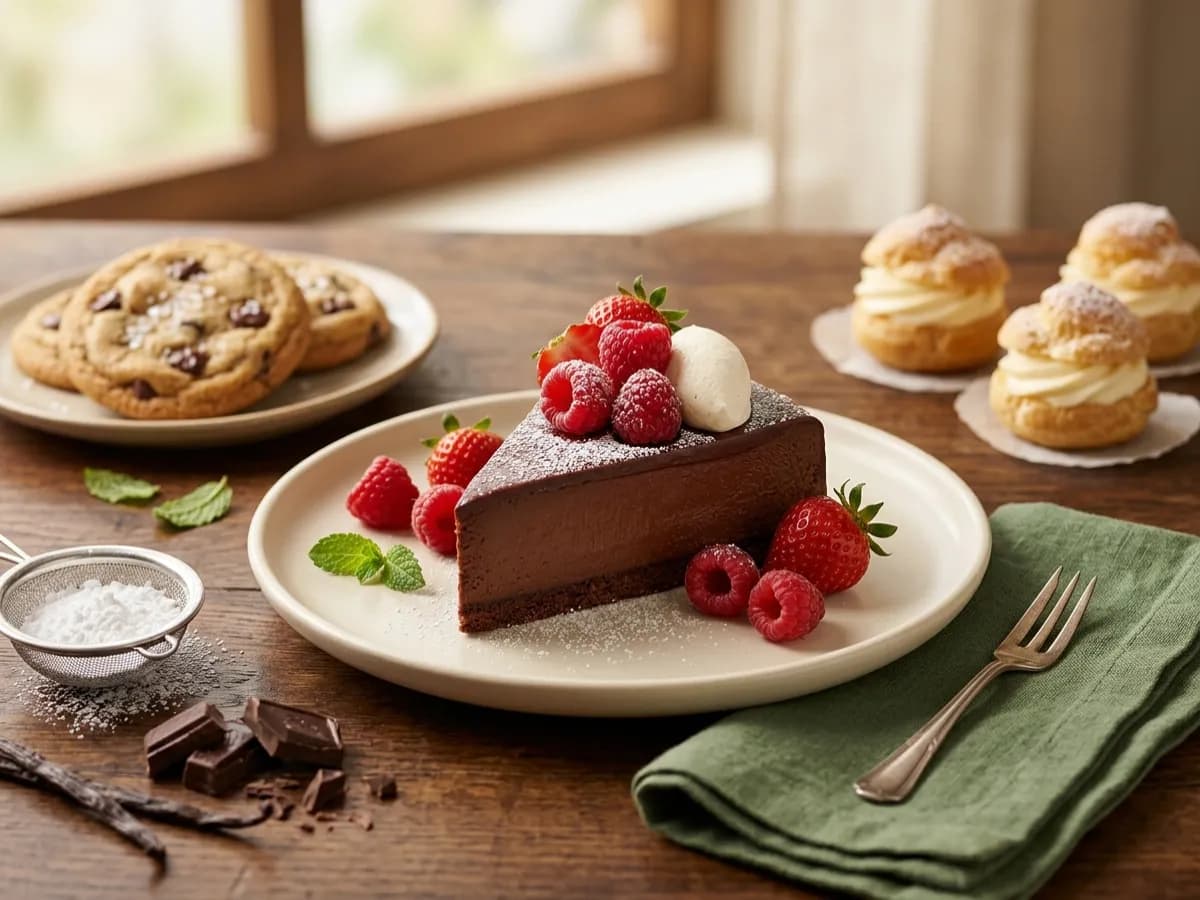 Chocolate cake slice topped with fresh raspberries and strawberries