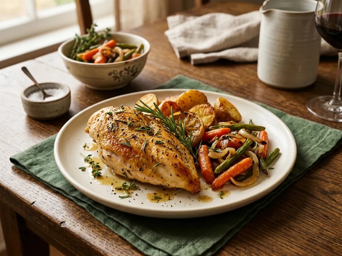 Roasted chicken breast with fresh herbs, crispy potatoes, carrots and green beans