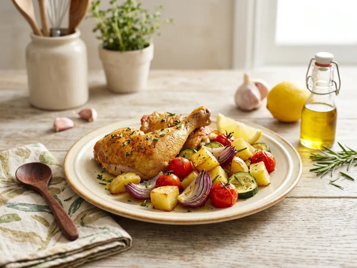 Simple roasted chicken with potatoes, cherry tomatoes, zucchini and lemon