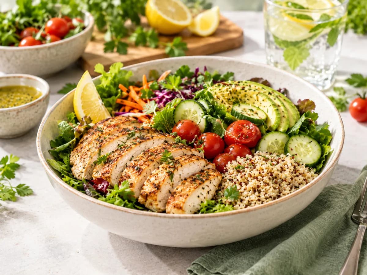 Grilled chicken salad bowl with avocado, cherry tomatoes, cucumber and quinoa