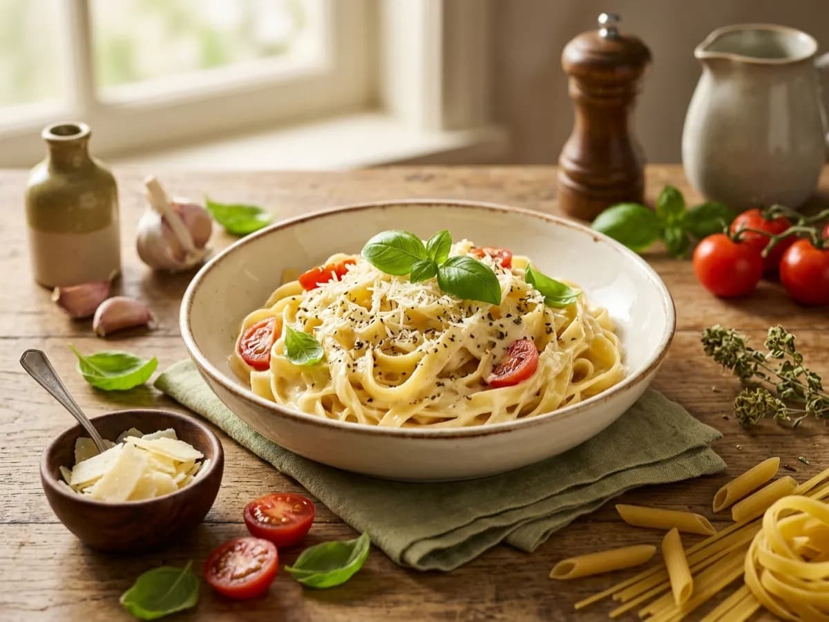 Creamy fettuccine pasta with fresh basil, Parmesan and cherry tomatoes