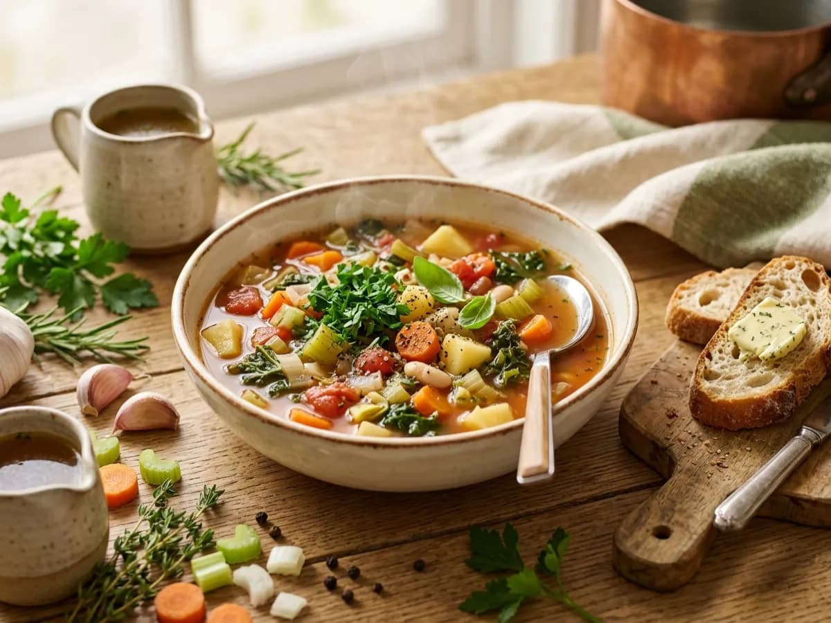Homemade vegetable soup with white beans, carrots, potatoes and fresh herbs