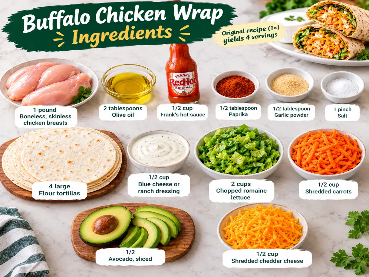 Buffalo Chicken Wrap Ingredients Flatlay