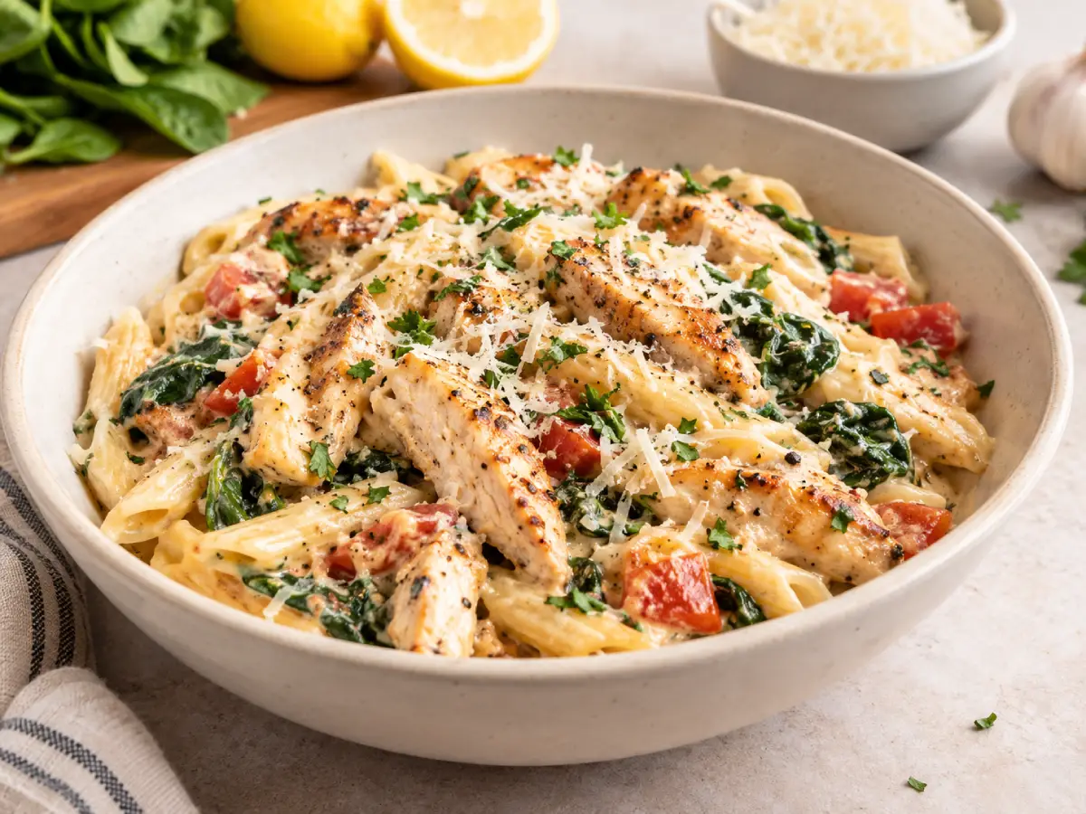 Creamy Chicken Spinach Pasta Bowl