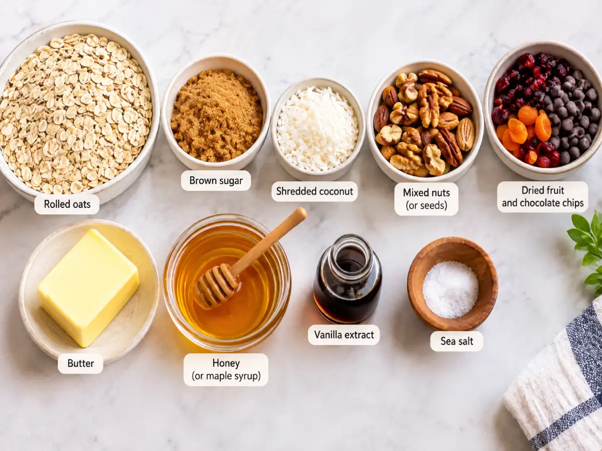 Labeled Granola Bar Ingredients Flat Lay